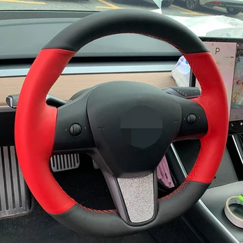 Ranka Prisiūta Minkšta Juodos spalvos Anglies Pluošto, natūralios odos Juoda Suede Automobilio Vairo Dangtelis Tesla model 3 2017-2020