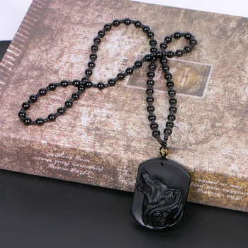 Ranka Raižyti Gamtos Originali Obsidianas Kauksmas Vilkas Galvos Amuletas Pakabukas Karoliai M2EA