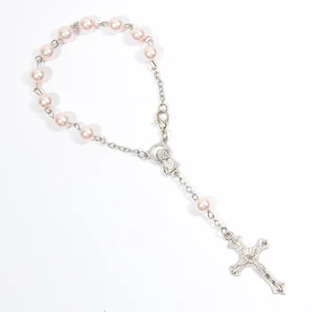 Religinių Apyrankę Rožinės spalvos Stiklo Perlų Imitacija Rožinio Vaikų Bendrystę Kūdikio Krikšto Džiaugtis Katalikų Mini Rožinio
