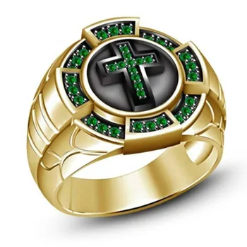 Religinių Jėzaus Kryžiaus Žiedai Vyrams Auksą, Padengtą Maža Žalia Kristalų Piršto Žiedą Vyrų Punk Grupė Jubiliejų Papuošalai, Aksesuarai