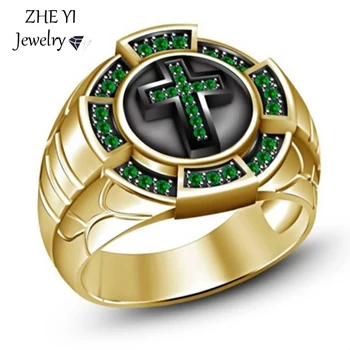 Religinių Jėzaus Kryžiaus Žiedai Vyrams Auksą, Padengtą Maža Žalia Kristalų Piršto Žiedą Vyrų Punk Grupė Jubiliejų Papuošalai, Aksesuarai