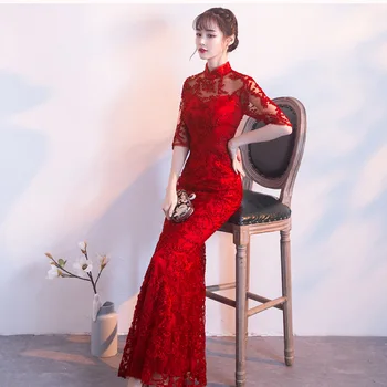 Retro Nėrinių Cheongsam Elegantiškas Moteris Mermaid Dress Suknelė Raudona Kinų Nuotaka Vestuvių Qipao Seksualus Slim Pusė Rankovės