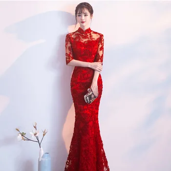 Retro Nėrinių Cheongsam Elegantiškas Moteris Mermaid Dress Suknelė Raudona Kinų Nuotaka Vestuvių Qipao Seksualus Slim Pusė Rankovės