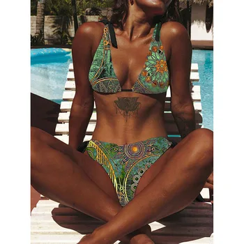 Retro Spausdinti Bikini maudymosi kostiumėlis Su Ryšiais Naujas 2 Gabalus, maudymosi Kostiumėliai, Aukštos Juosmens Derliaus Paplūdimio Maudymosi Kostiumą Plaukimo Kostiumas Moterims 2021