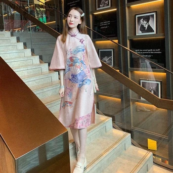 Retro Stiliaus Kinijos Prarasti ilgomis Rankovėmis Cheongsam Moteriai Naujas Mados Pavasario Ir Vasaros Girly Vidutinio ilgio Saldus Kinų Suknelė Qipao