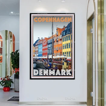 Retro Vintage Stiliaus Kelionių Plakatas Kopenhaga Danija Aliejaus Tapybai Plakatai ir Spausdinama ant Drobės, Sienos Menas Nuotraukas Kambarį