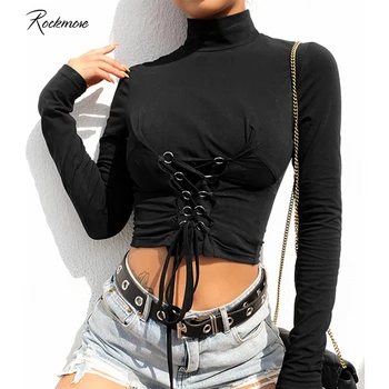 Rockmore Juoda Bodycon Gothic Punk Stiliaus marškinėliai Moterims ilgomis Rankovėmis Medvilnės Nėriniai T Marškinėliai Moteriška Atsitiktinis Streetwear Viršuje Tee 2019