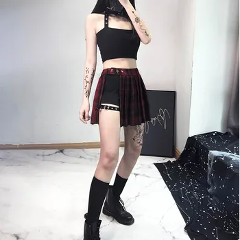 Rosetic Gotikos Pledas Mini Sijonai Moterims Aukšto Juosmens Asimetrinė Kratinys Punk Sagtis Sexy Cool Mados Raudona Goth Klostuotas Sijonas 2021