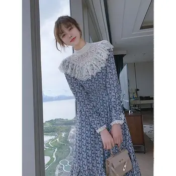 Rudens Gėlių Atspausdintas Šifono Suknelė Moterims, Elegantiškas Žiemos Storio Pliušinis Nėrinių Golfo Kratinys Korėjos Stiliaus Dugno Suknelė 2020 M.