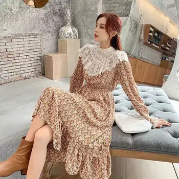 Rudens Gėlių Atspausdintas Šifono Suknelė Moterims, Elegantiškas Žiemos Storio Pliušinis Nėrinių Golfo Kratinys Korėjos Stiliaus Dugno Suknelė 2020 M.