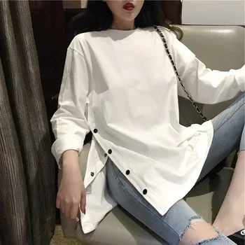 Rudenį korėjos Stiliaus Interneto Įžymybė T-shirt Moterų Prarasti Studentų Padalinta vientisos Spalvos ilgomis Rankovėmis Viršų