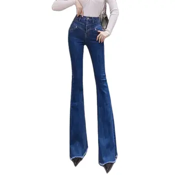 Ruožas paaukštintu liemeniu džinsai moterų plonas susinervinęs užsiliepsnojo kelnės 2021 m. vasarą korėjos mados moteriški drabužiai