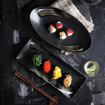 RUX SEMINARĄ Japonijos ovalo formos keraminės plokštės Žuvų plokštė Suši plokštė Kepsnys patiekalas Restorane, virtuvė, stalo reikmenys