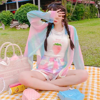 Saldus korėjos Negabaritinių Vaivorykštė Spausdinti Marškinėliai Moterims Japonija Kawaii ilgomis Rankovėmis Mygtuką Iki Palaidinės, Švelni Mergina Y2K Vasaros Cardigan Palaidinė
