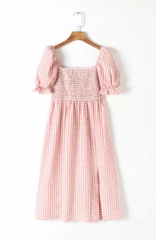 SALEQI dryžuotas medvilnės audinys rožinės spalvos suknelė moterims ritininės pusėje ilgai boho suknelė medvilnės pledas vasaros suknelė smocked kvadratinių kaklo laides suknelė 2021