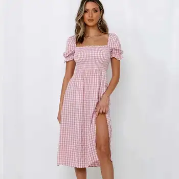 SALEQI dryžuotas medvilnės audinys rožinės spalvos suknelė moterims ritininės pusėje ilgai boho suknelė medvilnės pledas vasaros suknelė smocked kvadratinių kaklo laides suknelė 2021