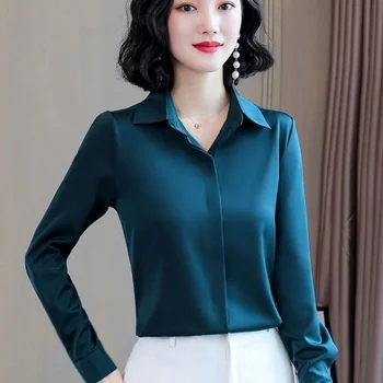 Satino Elegantiškas moteriškos Palaidinės 2021 M. Pavasarį ilgomis Rankovėmis Vintage Marškinėliai Šilko Ponios Viršūnes darbo drabužiai Mados Blusas Mygtuką Marškinėliai X264