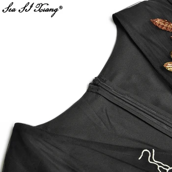 Seasixiang Mados Dizaineris Vasaros Juoda Akių Suknelė Moterų V-Kaklo, Žibintų Rankovės Gėlių Siuvinėjimas Ilgos Suknelės