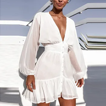 Seksualus Gilus V Aukšto Juosmens Mini Suknelė Moterims Vientisos Spalvos Šifono Ruffles Žibintų Ilgomis Rankovėmis Beach Suknelė Vasaros Baltos Suknelės