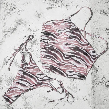 Seksualus juostele spausdinti maudymosi kostiumėlį moteris String nėrinių bikinis 2021 Mažas juosmens maudymosi kostiumėliai moterims Derliaus backless maudymosi kostiumas, Paplūdimio Naujas