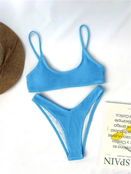 Seksualus Push Up Kietas Bikini Moterų maudymosi kostiumėlį Aukšto Juosmens Biquini maudymosi Kostiumėliai, Briaunoti Maudymosi Kostiumą, 2021 Mėlyna Dirželis Raukšlės Bikini Komplektas