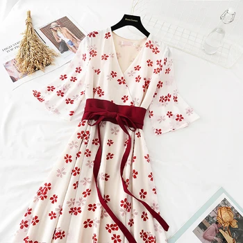 Senovinių Gėlių Suknelė Moterims, Elegantiškas Šifono korėjos Suknelė Sudegintasis rankovėmis V-Kaklo Midi Suknelė Patenka Suknelė Moterims 2021 Metų Pavasarį, vasarą