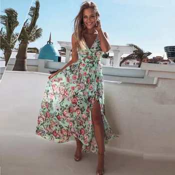 Sexy V Kaklo Padalinta Suknelės Moterims 2021 M. Vasaros Paplūdimio Elegantiškas Užtrauktukas Slim Sujungimas Ilga Suknelė Panele Laisvalaikio Rankovių Sundress