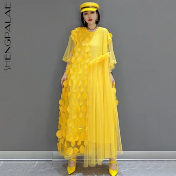 SHENGPALAE Elegantiška Geltona Akių Spliced Suknelė Moterų Vasaros 2021 Naujas Apvalios Kaklo trumpomis Rankovėmis Vidurio blauzdos Suknelės Moteris Banga 5C991