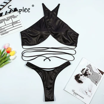 Simplee Derliaus apynasrio maudymosi kostiumėlį moteris Kietas juodas bikini komplektas Nėrinių maudymosi kostiumėliai moterims, Aukštos sumažinti besimaudančių maudymosi kostiumą, Thong bikini
