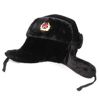 Sovietų karinės ženklelis rusijos Ushanka bombonešis skrybėlę pilotas skrybėlę dirbtiniais triušis žiemos skrybėlę su kailio earmuffs sniego kepurę Dviračių bžūp slidinėjimo kepurė