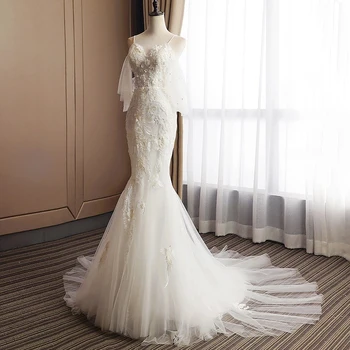 Spagečiai Dirželiai Vestuvinė Suknelė, Undinėlė Appliques Perlai Siuvinėjimo Duobute Gėlių Spausdinti Prabangūs Vestuvinės Suknelės Grindų Ilgis 2021