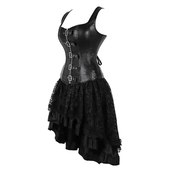Steampunk Dirželiai Korsetas Gotikos Seksualus Moteriški Dirbtiniais Odos Overbust Korsetas Bustier Suknelė Su Asimetriniais Gėlių Nėrinių Sijonas Rinkinys