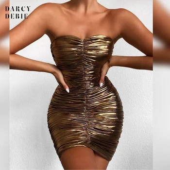 Stebėjimo Įdegio Aukso Mini Suknelė Moterims Vasaros Seksualus Backless Ruched Vestidos Rankovės Bodycon Naktiniame Klube Šalis Suknelė