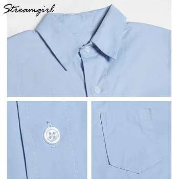 Streamgirl Prarasti Balti Marškiniai Negabaritinių Moteris Ilgai Sleee Office Marškinėliai Palaidinė Su Mygtuką Kišenė OLIS Blue Marškinėliai Moterims Pavasario