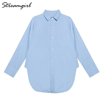 Streamgirl Prarasti Balti Marškiniai Negabaritinių Moteris Ilgai Sleee Office Marškinėliai Palaidinė Su Mygtuką Kišenė OLIS Blue Marškinėliai Moterims Pavasario
