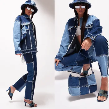 Streetwear Moterų Derliaus Susiuvimo Atsitiktinis Nustatyti Spalvų Atitikimo High Waisted Džinsus Ir Hip-Hop Draugu Prarasti Džinsinio Striukė
