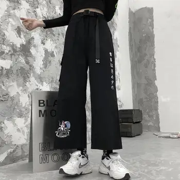 Streetwear Su Diržo Pločio Kojų Kelnės Moterims Anime Spausdinti Aukšto Liemens Kelnės Moteriška Harajuku Plius Dydis Palaidi Kelnės Atsitiktinis Poilsiu