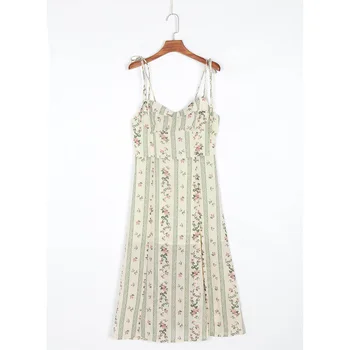 Suknelė Moterims Vasaros Dryžuotas Ir Gėlių Spausdinti Elegantiška Vintage Midi Suknelė Su Plyšio Spageti Dirželis Seksualus Boho Paplūdimio Suknelės 2021
