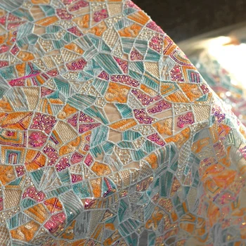 Sunkiųjų siuvinėjimo tiulio tinklelio, geometrinis blizgančiais nėrinių audinys blizga nėrinių audinio kiemas 1, 3 spalvų moterų suknelė cheongsam suknelė