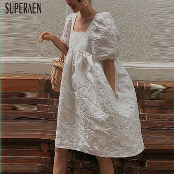 SuperAen Sluoksniuotos Rankovėmis Suknelė Moterims Vasaros Naują 2019 Medvilnės Mados Ponios Suknelė Kvadratinių Kaklo Atsitiktinis Moterų Drabužiai