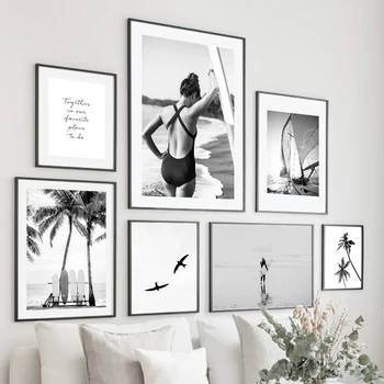 Surfer Girl Burlenčių Palmių Buriavimo Sienos Meno Tapybos Drobės Šiaurės Plakatai Ir Spausdina Sienos Nuotraukas Gyvenimo Kambario Dekoro