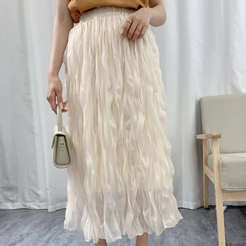 SURMIITRO Midi Ilgas Klostuotas Sijonas Moterims Vasaros 2021 korėjos Stiliaus Šifono, Elegantiškas Aukšto Juosmens Vidutinio Ilgio Sijonas Moteris