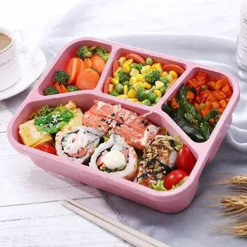 Sveikos Medžiaga Priešpiečių Dėžutė 4 Tinklelis Kviečių Šiaudų Bento Dėžutes, Mikrobangų Krosnelė, Indai Maisto Saugojimo Konteineris Lunchbox