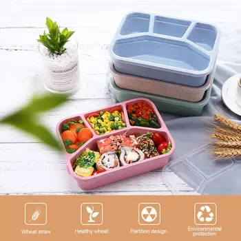 Sveikos Medžiaga Priešpiečių Dėžutė 4 Tinklelis Kviečių Šiaudų Bento Dėžutes, Mikrobangų Krosnelė, Indai Maisto Saugojimo Konteineris Lunchbox