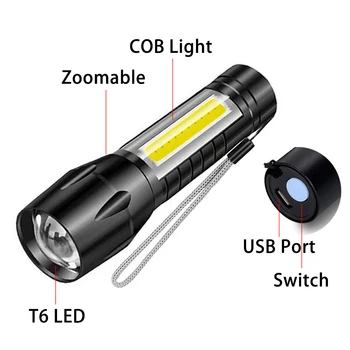 T6 LED Žibintuvėlis atsparus Vandeniui Taktinis Šviesos USB Įkrovimo Kempingas Žibintų Zoomable Žibinto Lempa, Lauko Pėsčiųjų Medžioklės