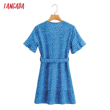 Tangada 2021 m. Vasarą Moterys Mėlynos Gėlės Spausdinti prancūzų Stiliaus Trumpą Suknelę su Brūkšniu Trumpas Rankovės Ponios Sundress 1F190