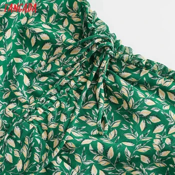 Tangada 2021 m. Vasarą Moterys Žalia Gėlių Spausdinti prancūzų Stiliaus Ilga Suknelė Sluoksniuotos Rankovėmis Ponios Suknelė 3H386