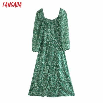 Tangada 2021 m. Vasarą Moterys Žalia Gėlių Spausdinti prancūzų Stiliaus Ilga Suknelė Sluoksniuotos Rankovėmis Ponios Suknelė 3H386