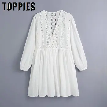 Toppies Prancūzijos Romantiška Suknelė Kleid Langarm Mini Kleider Vestidos Tuščiaviduriai Iš Baltos Suknelės