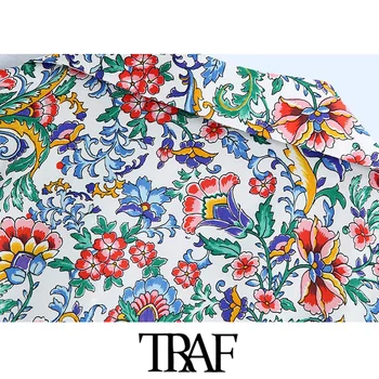 TRAF Moterų Mados Gėlių Spausdinti Palaidų Montavimo Palaidinės Derliaus ilgomis Rankovėmis Mygtuką-iki Moterų Marškiniai, Elegantiškos Viršūnės